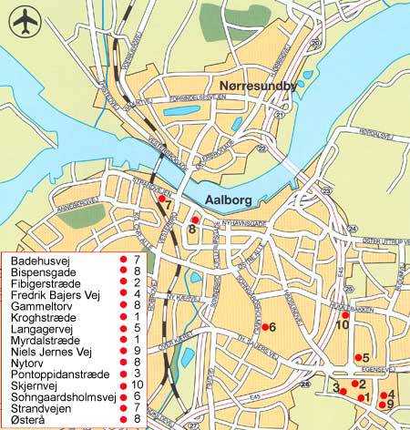 Подробная карта Ольборга на русском языке с отмеченными достопримечательностями города. Ольборг со спутника