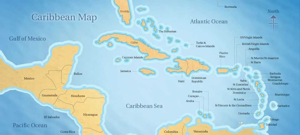 Карибское море, карта - путеводитель по морям, океанам и курортам