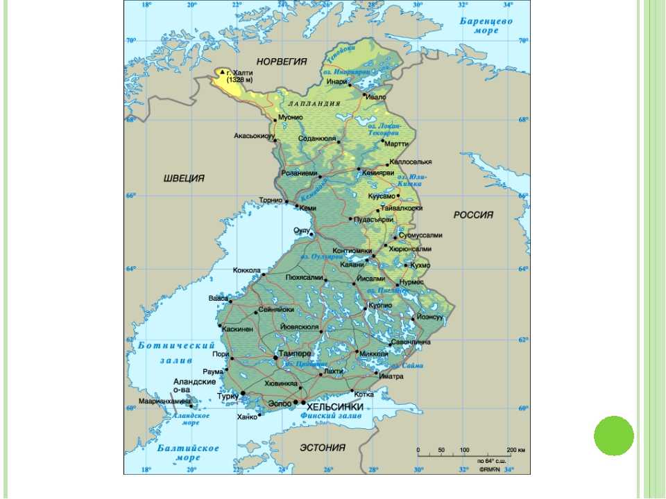 Подробная карта Финляндии с отмеченными городами и достопримечательностями страны. Географическая карта. Финляндия со спутника
