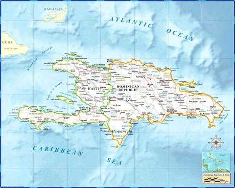 Подробная карта Доминиканы с отмеченными городами и достопримечательностями страны. Географическая карта. Доминикана со спутника