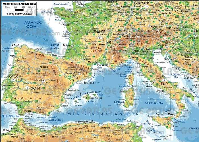 Средиземный океан на карте. Физическая карта Средиземного моря. Географическая карта Средиземного моря.