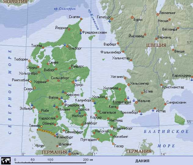 Подробная карта Орхуса на русском языке с отмеченными достопримечательностями города. Орхус со спутника