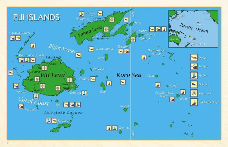 Подробная карта Фиджи с отмеченными городами и достопримечательностями страны. Географическая карта. Фиджи со спутника