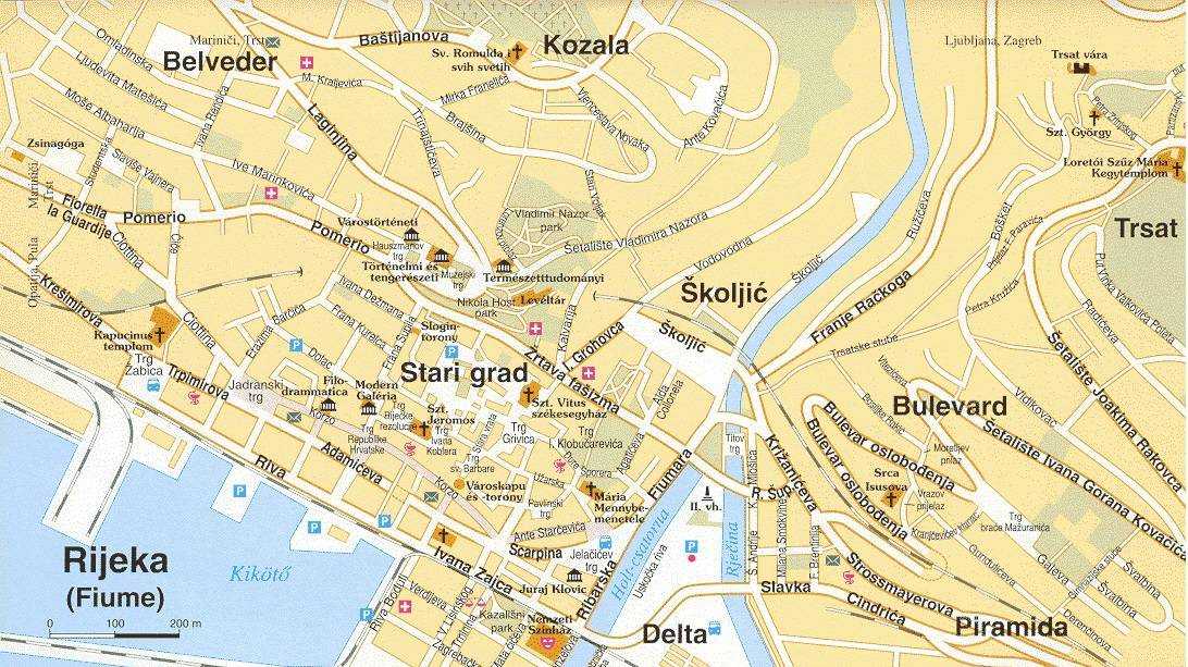 Подробная карта Риеки на русском языке с отмеченными достопримечательностями города. Риека со спутника